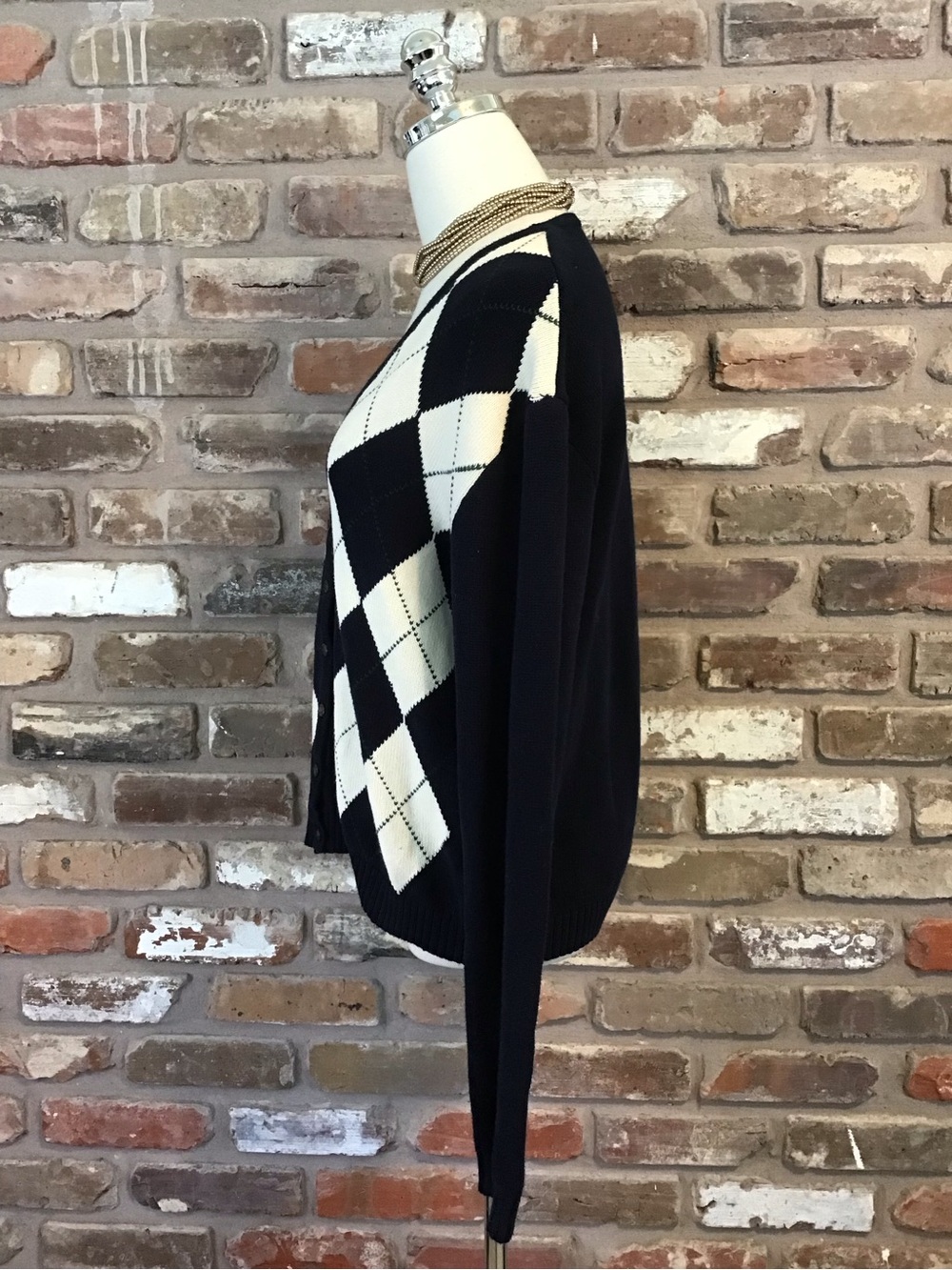 JOHN GALT Women's Navy Blue & Cream Argyle V-Neck Cardigan Sweater L - Picture 3 of 6